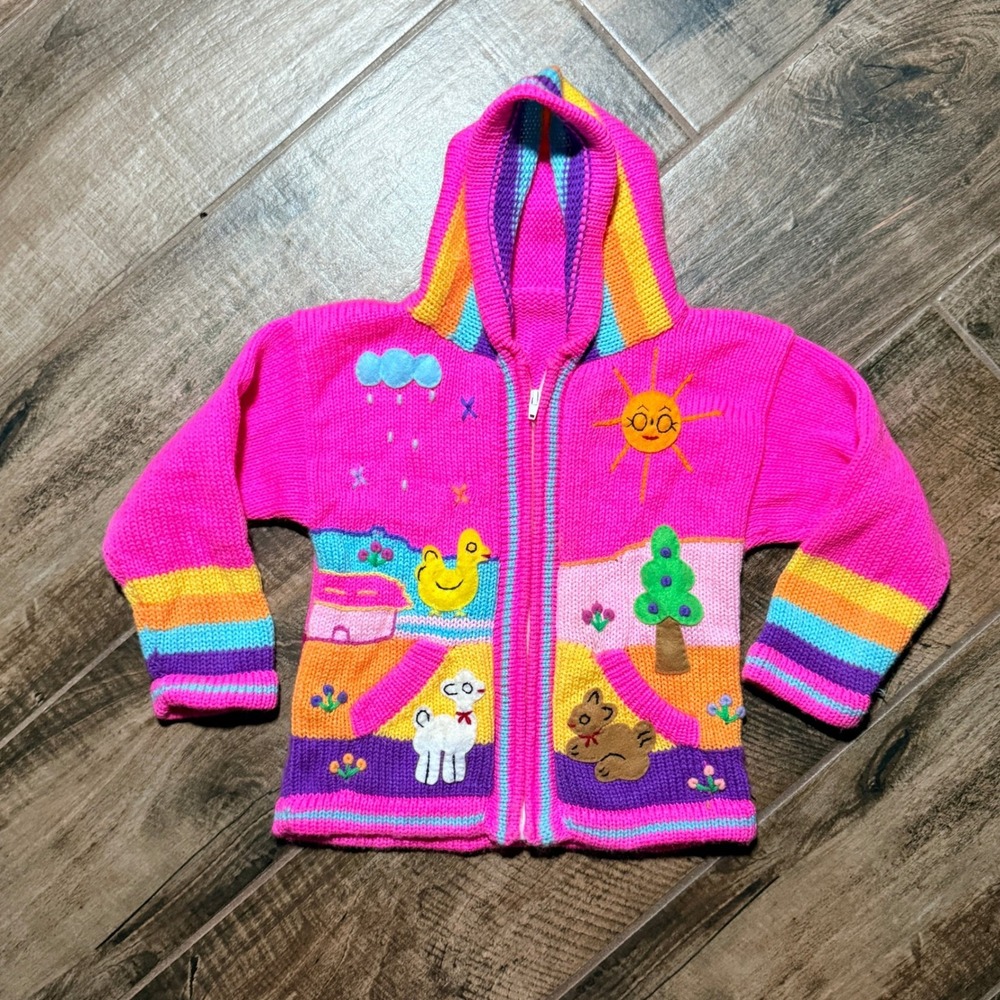 Artisan Kids Rainbow Animal Hand Knit Hooded Cardigan, Pink, 4T/5T